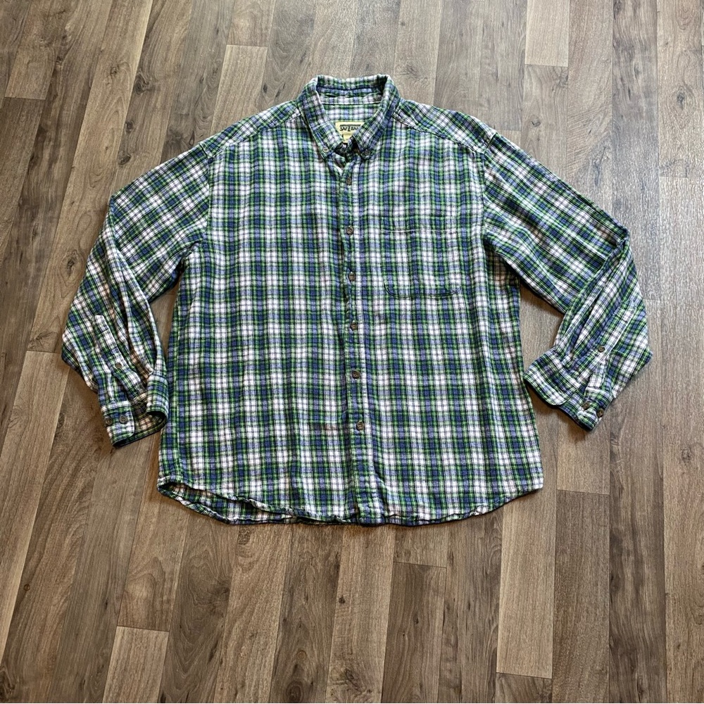 Vintage SafTbak Green Plaid Button Down Shirt Size Large Causal Outdoor